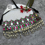 Mirror & Enamel Choker (pink &green)