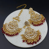 Floral Deep Red Earrings & Maang Tikka