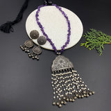 Violet & Silver Long Necklace & Earrings Set