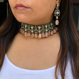 Green Kundan & Salmon Beads Choker & Earrings