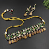 Green Kundan & Salmon Beads Choker & Earrings