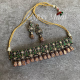 Green Kundan & Salmon Beads Choker & Earrings
