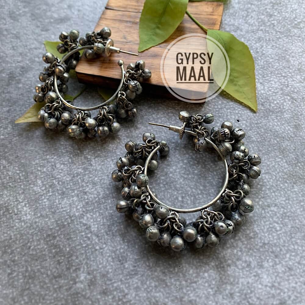 Oxidised Silver Ghungroo sparkling Designer Kunden hoop earrings