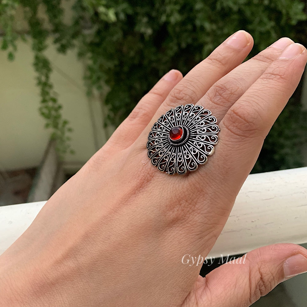 Oxidized German Silver Adjustable Finger Ring 03 - Glamaya